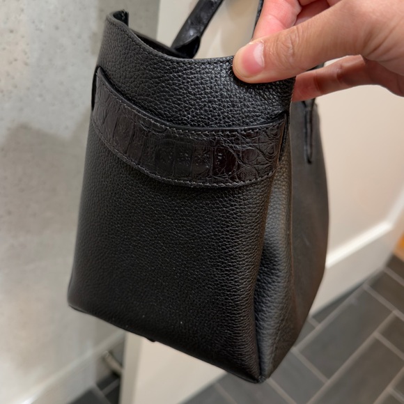 Nancy Gonzalez Black Pebbled Leather Tote Crocodile Trim Top Handle Bag - Picture 5 of 10